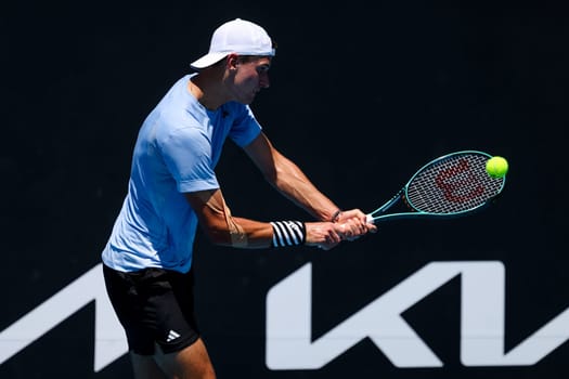 MELBOURNE, AUSTRALIA - JANUARY 12: Jakub Mensik of Czech Republic beats Harold Mayot of France in final round of qualifying ahead of the 2024 Australian Open at Melbourne Park on January 12, 2024 in Melbourne, Australia.
