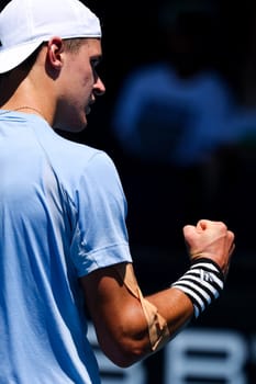 MELBOURNE, AUSTRALIA - JANUARY 12: Jakub Mensik of Czech Republic beats Harold Mayot of France in final round of qualifying ahead of the 2024 Australian Open at Melbourne Park on January 12, 2024 in Melbourne, Australia.