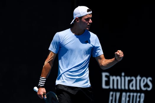 MELBOURNE, AUSTRALIA - JANUARY 12: Jakub Mensik of Czech Republic beats Harold Mayot of France in final round of qualifying ahead of the 2024 Australian Open at Melbourne Park on January 12, 2024 in Melbourne, Australia.
