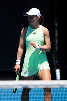 MELBOURNE, AUSTRALIA - JANUARY 12, 2024: Katie Volynets of the USA on her way to beating Julia Riera of Argentina in final qualifying ahead of the 2024 Australian Open at Melbourne Park on January 12, 2024 in Melbourne, Australia