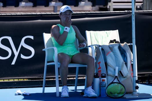 MELBOURNE, AUSTRALIA - JANUARY 12, 2024: Katie Volynets of the USA on her way to beating Julia Riera of Argentina in final qualifying ahead of the 2024 Australian Open at Melbourne Park on January 12, 2024 in Melbourne, Australia