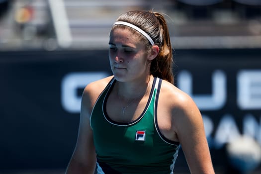 MELBOURNE, AUSTRALIA - JANUARY 12, 2024: Katie Volynets of the USA on her way to beating Julia Riera of Argentina in final qualifying ahead of the 2024 Australian Open at Melbourne Park on January 12, 2024 in Melbourne, Australia