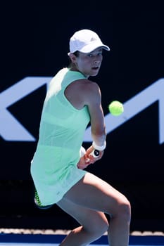 MELBOURNE, AUSTRALIA - JANUARY 12, 2024: Katie Volynets of the USA on her way to beating Julia Riera of Argentina in final qualifying ahead of the 2024 Australian Open at Melbourne Park on January 12, 2024 in Melbourne, Australia