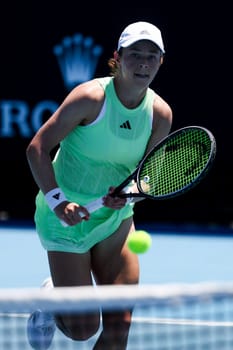 MELBOURNE, AUSTRALIA - JANUARY 12, 2024: Katie Volynets of the USA on her way to beating Julia Riera of Argentina in final qualifying ahead of the 2024 Australian Open at Melbourne Park on January 12, 2024 in Melbourne, Australia