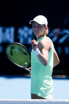 MELBOURNE, AUSTRALIA - JANUARY 12, 2024: Katie Volynets of the USA on her way to beating Julia Riera of Argentina in final qualifying ahead of the 2024 Australian Open at Melbourne Park on January 12, 2024 in Melbourne, Australia