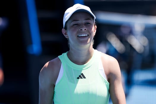 MELBOURNE, AUSTRALIA - JANUARY 12, 2024: Katie Volynets of the USA on her way to beating Julia Riera of Argentina in final qualifying ahead of the 2024 Australian Open at Melbourne Park on January 12, 2024 in Melbourne, Australia