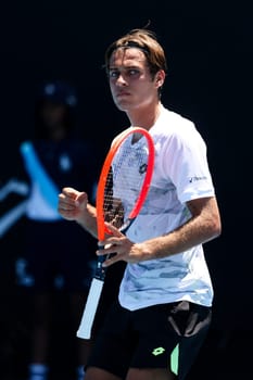 MELBOURNE, AUSTRALIA - JANUARY 12: Flavio Cobolli of Italy on his way to beating Santiago Fa Rodriguez Taverna of Argentina in qualifying Atmosphere ahead of the 2024 Australian Open at Melbourne Park on January 12, 2024 in Melbourne, Australia.