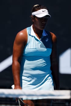 MELBOURNE, AUSTRALIA - JANUARY 12: Destanee Aiava of Australia playing against Renata Zarazua of Mexico in their final qualifying match ahead of the 2024 Australian Open at Melbourne Park on January 12, 2024 in Melbourne, Australia.