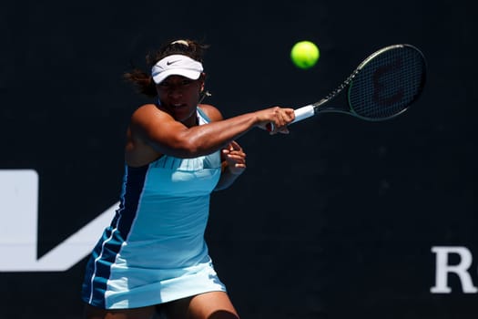 MELBOURNE, AUSTRALIA - JANUARY 12: Destanee Aiava of Australia playing against Renata Zarazua of Mexico in their final qualifying match ahead of the 2024 Australian Open at Melbourne Park on January 12, 2024 in Melbourne, Australia.