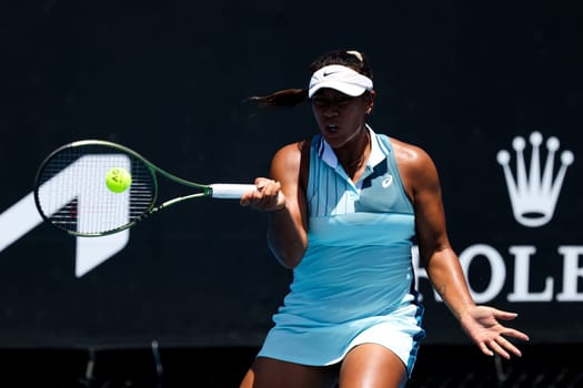 MELBOURNE, AUSTRALIA - JANUARY 12: Destanee Aiava of Australia playing against Renata Zarazua of Mexico in their final qualifying match ahead of the 2024 Australian Open at Melbourne Park on January 12, 2024 in Melbourne, Australia.