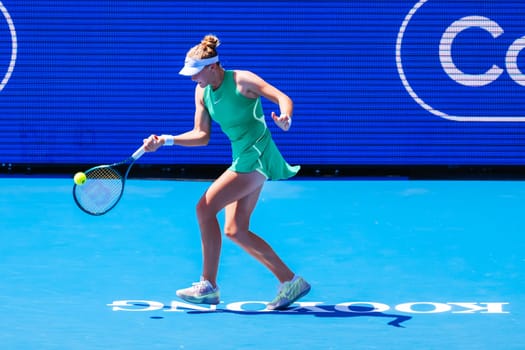 MELBOURNE, AUSTRALIA - JANUARY 12: Mirra Andreeva of Russia plays against Danielle Collins plays during day three of the 2024 Kooyong Classic at Kooyong on January 12, 2024 in Melbourne, Australia.