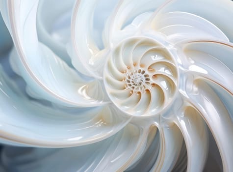 Floral Beauty: A Closeup of White Dahlia Petals in a Spiraling Pattern, Symbolizing Purity and Love, on a Lush Blue Garden Background.