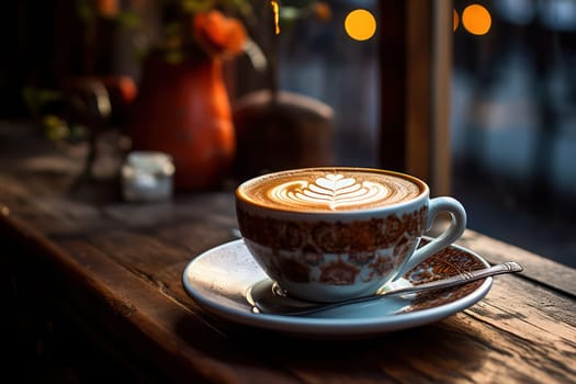 Hot Morning Beverage: A Closeup View of Artful Cappuccino in Vintage Mug on Wooden Table