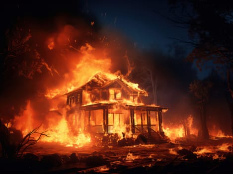 Hellish Inferno: House Engulfed in Destructive Blaze, Smoke and Flames, Threatening Intense Heat and Danger