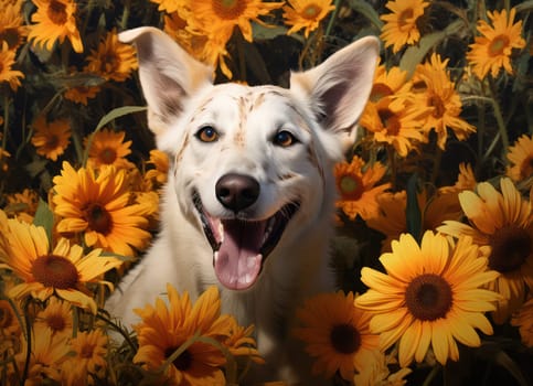 Happy Dog in Nature: A Portrait of a Cute, White Purebred Shepherd with a Smile, Sitting in a Green Meadow with Yellow Flowers