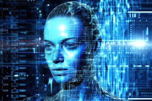 Future Tech: Digitized Portrait of a Young Cyber Woman with Virtual Holographic Interface