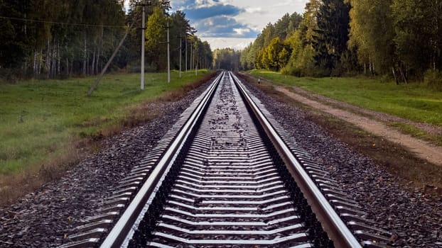 Railroad tracks go into the distance in the forest and cloudy sky