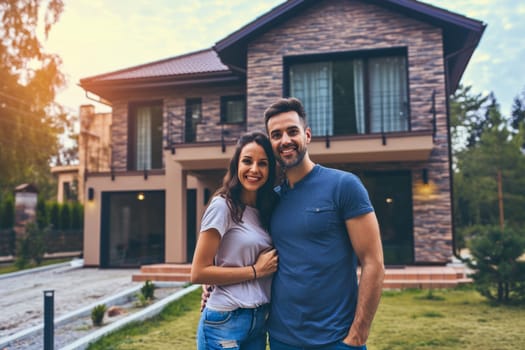 Smiling Couple in Front of Newly Built House on a Sunny Day