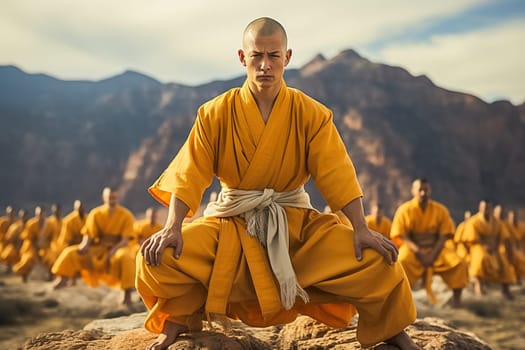 A shaolin monk trains with a group of students outdoors. High quality photo
