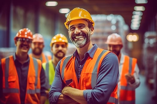 Happy builder wearing a helmet and reflective vest. High quality photo