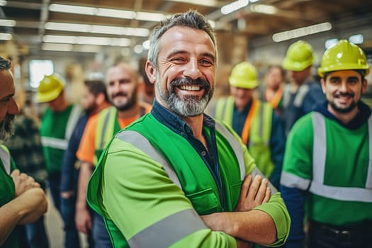 The happy builder crosses his arms and looks at the camera. High quality photo