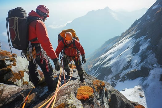 Climbers with equipment climb the mountains. High quality photo