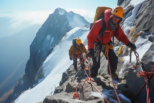 Climbers with equipment climb the mountains. High quality photo
