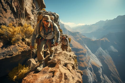 Climbers with equipment walk along a mountain path. High quality photo