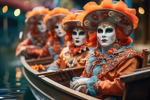 People in fancy dress and masks ride a gondola at the Venice Carnival. High quality photo