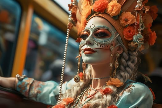 A girl in a carnival costume with a mask on her face, at the Venice Festival. High quality photo