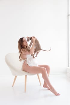 Beautiful young pregnant woman looking at the cat in a white chair