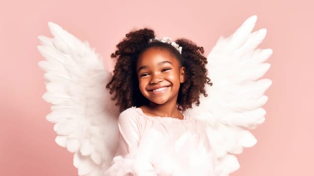 Cute african american girl in white angel halloween costume looking at camera and smiling over pink background. Happy Halloween. Trick or treat