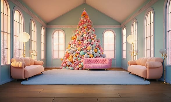Illustration of 3d Christmas tree made of balloons in interior. High quality illustration