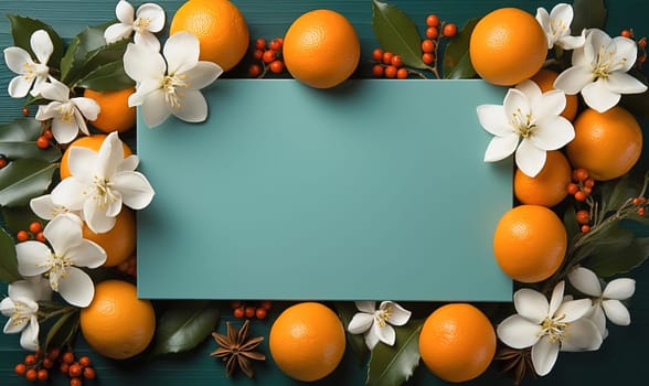 Jasmine flowers with oranges with space for text. Layout, top view. High quality illustration