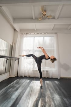 A beautiful Asian woman is dancing at the barre. Ballet dancer