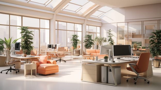 Modern office interior in light peach color, modern workspace with natural lighting.