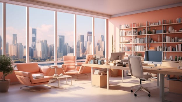 Modern office interior in peach color, modern workspace with natural light from large windows overlooking the city and skyscrapers.