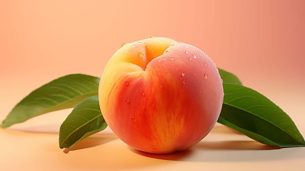 Ripe peach with fresh water droplets on a warm gradient background.