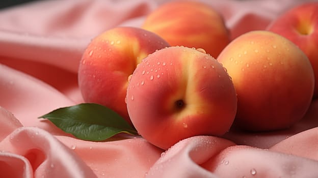 Fresh peaches with water droplets resting on a delicate pink silk fabric.
