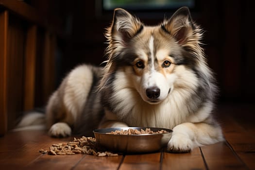 Siberian husky lies near a bowl of food, a domestic fluffy pet husky.