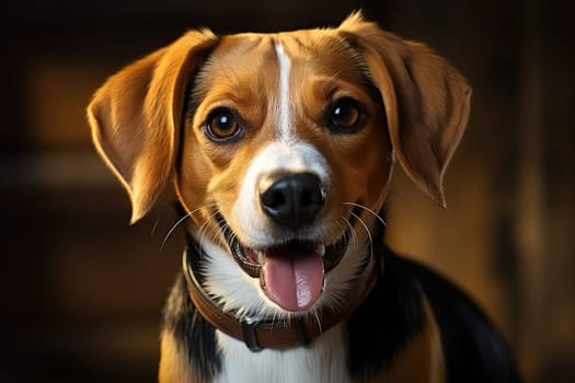 Portrait of a beagle on an orange background, a beagle hound dog for hunting.