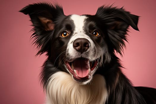 Border collie portrait on pink background, banner and copy space, dog front view.