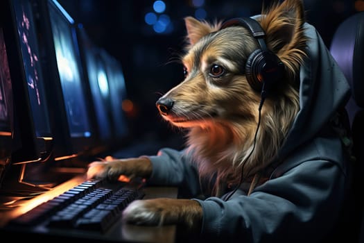 A dog gamer sits in headphones and plays a game on the computer, the concept of the development of a dog.
