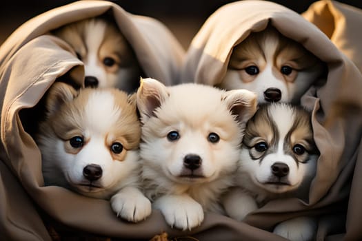 Little huskies wrapped in a blanket look ahead.