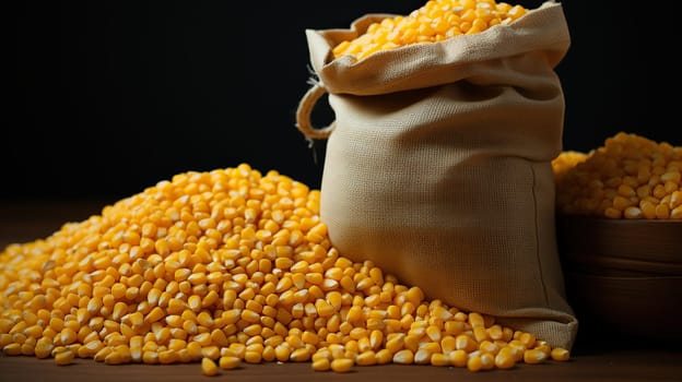 Ripe corn kernels on a wooden table in a bag.