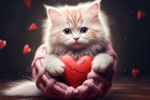 A cute, fluffy, white-and-orange kitten with big, round eyes hugging a red heart, wrapped in a cozy pink scarf, evoking warmth and love.