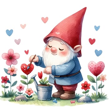 Valentines gnome, love Nordic gnome, Scandinavian gnomes, Watercolor cute valentines day postcard. Vellichor.