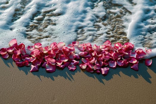 romantic beach of love rose petals on the coastline wide view pragma