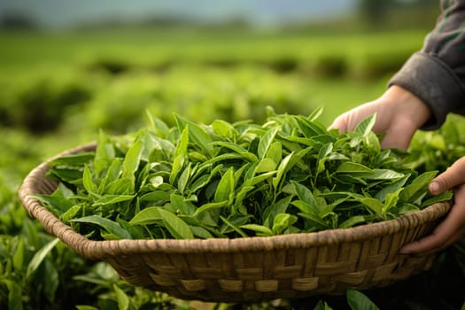 Freshly picked tea leaves in a wicker basket at a tea plantation.