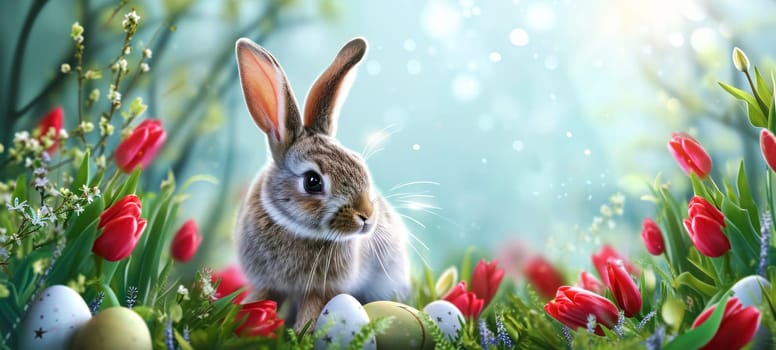 A magical portrait of a bunny surrounded by vivid red tulips and colorful Easter eggs, evoking the enchantment of a springtime fairy tale.